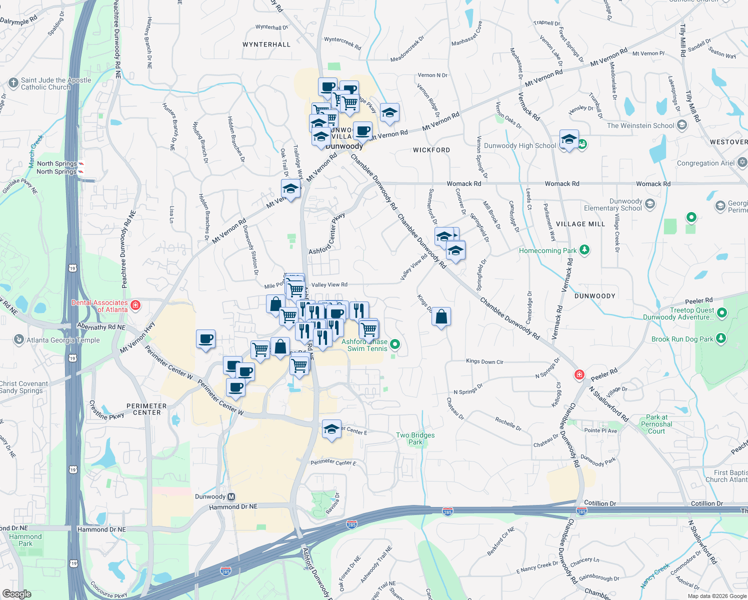 map of restaurants, bars, coffee shops, grocery stores, and more near 4738 Ashford Club Drive in Dunwoody