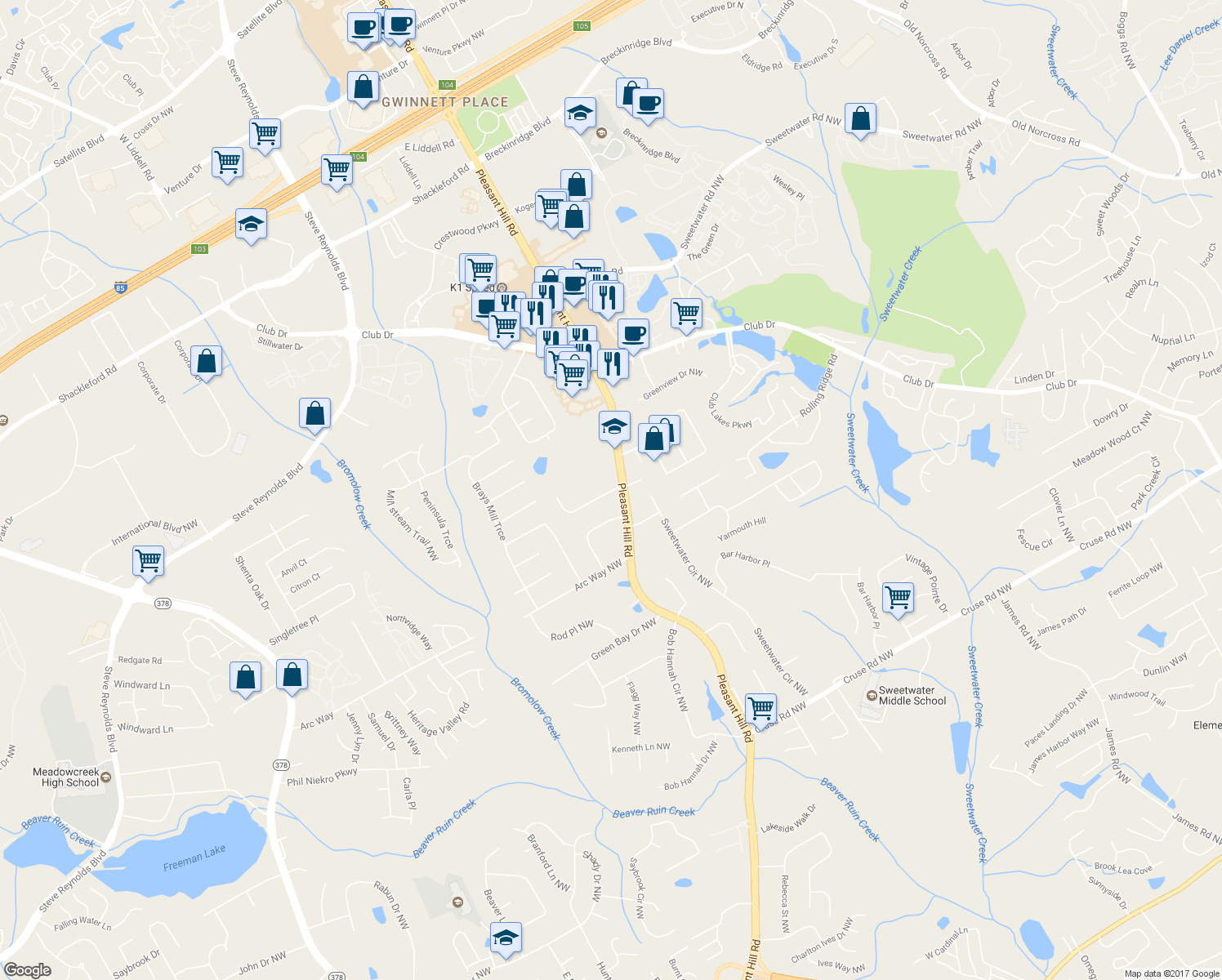 map of restaurants, bars, coffee shops, grocery stores, and more near 3810 Pleasant Oaks Dr in Lawrenceville