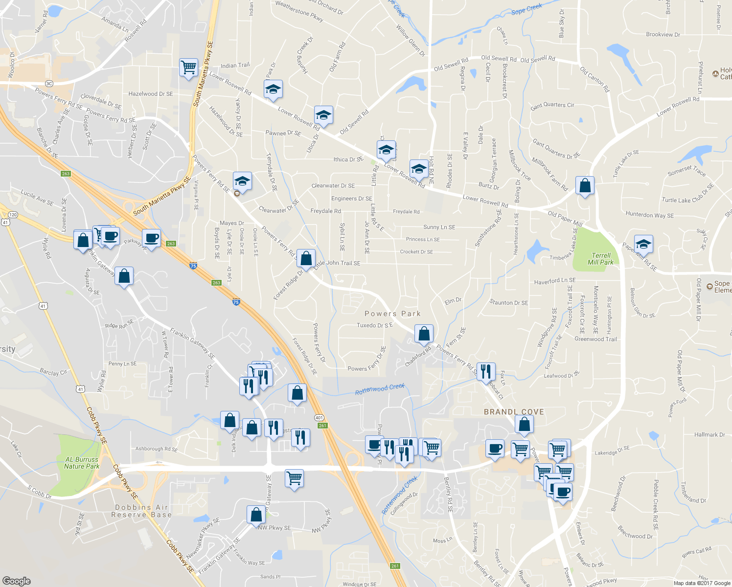 map of restaurants, bars, coffee shops, grocery stores, and more near 794 Gardenside Circle Southeast in Marietta