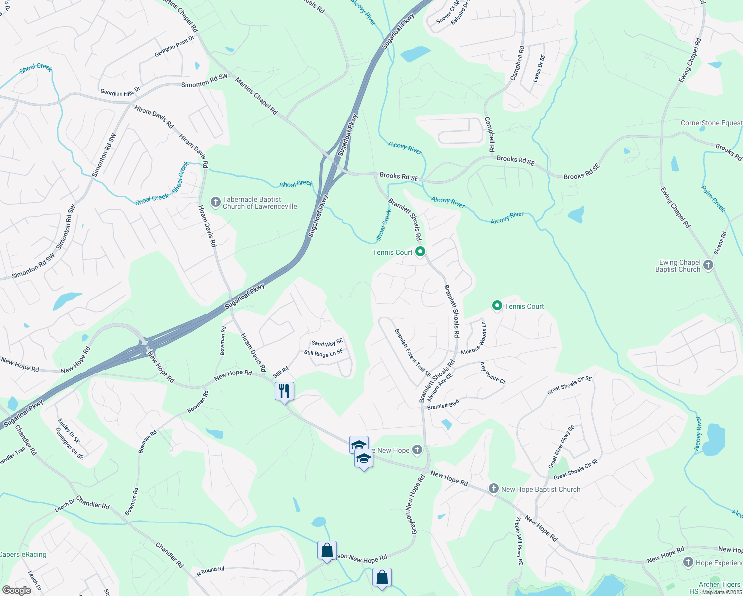map of restaurants, bars, coffee shops, grocery stores, and more near 995 Chimney Trace Way Southeast in Lawrenceville