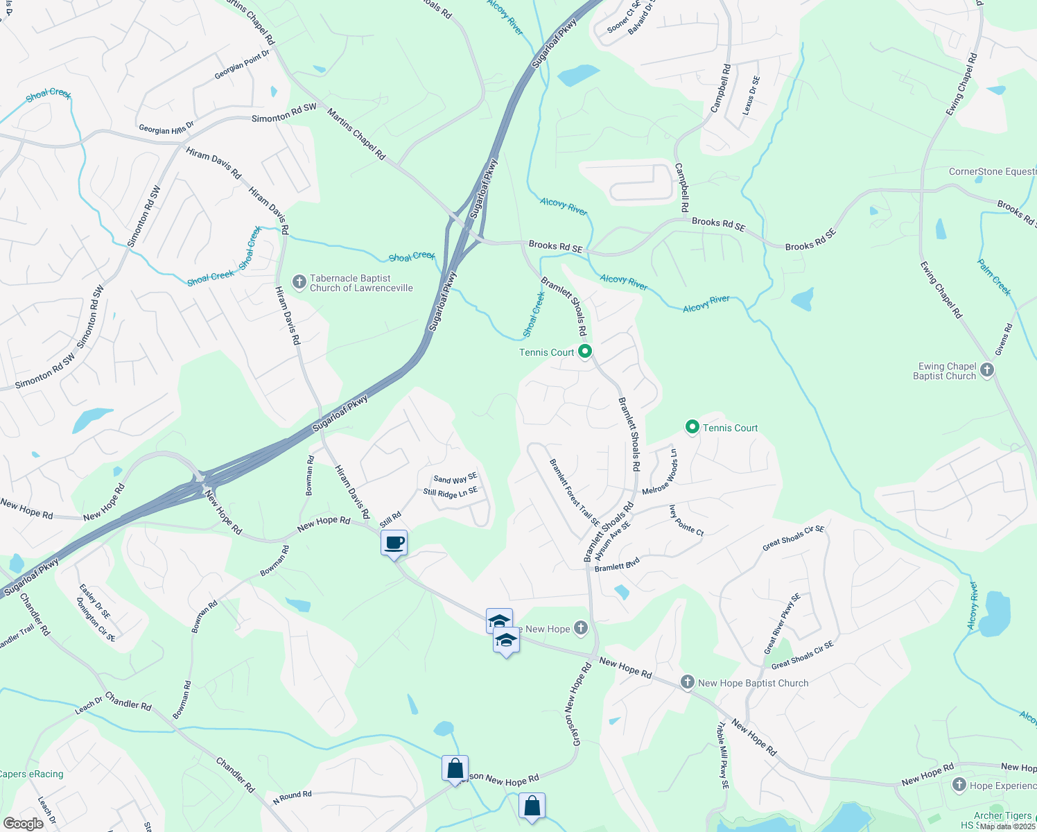 map of restaurants, bars, coffee shops, grocery stores, and more near 995 Chimney Trace Way Southeast in Lawrenceville