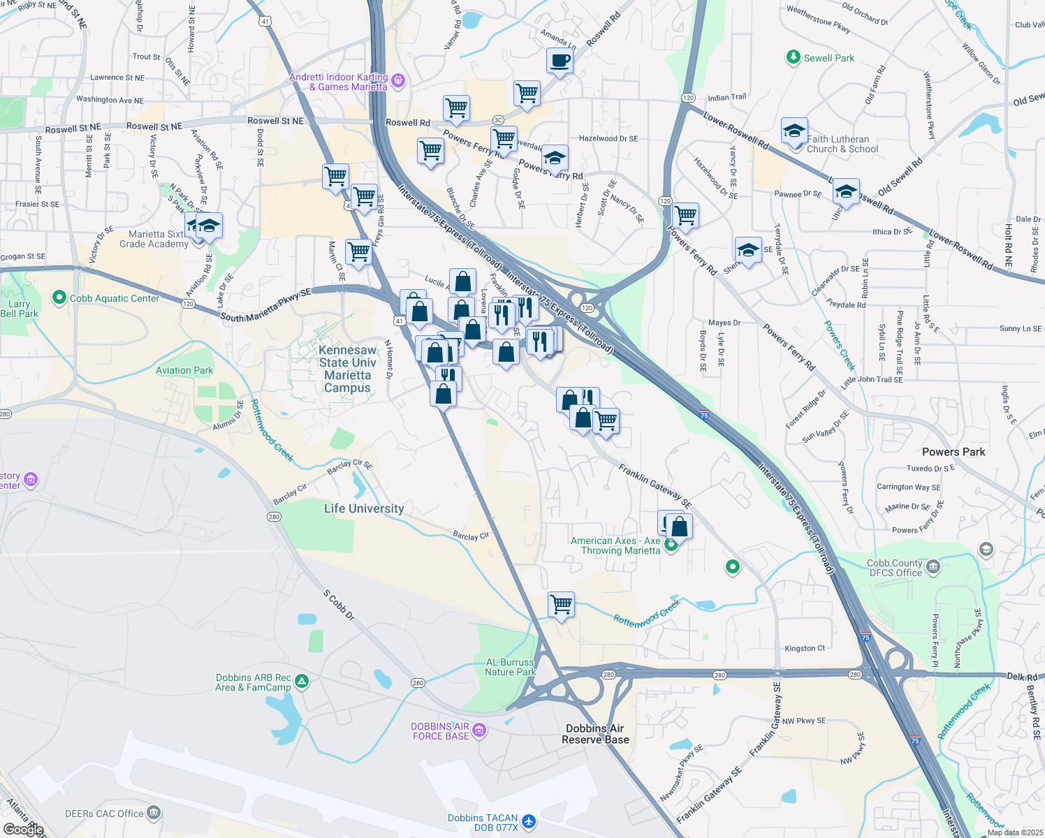 map of restaurants, bars, coffee shops, grocery stores, and more near 111-2109 Augusta Drive Southeast in Marietta