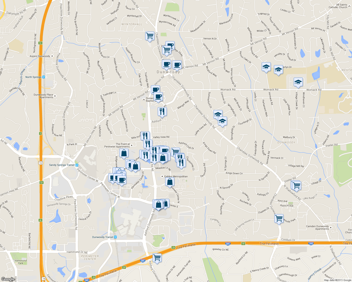 map of restaurants, bars, coffee shops, grocery stores, and more near 4764 Ashford Club Drive in Dunwoody