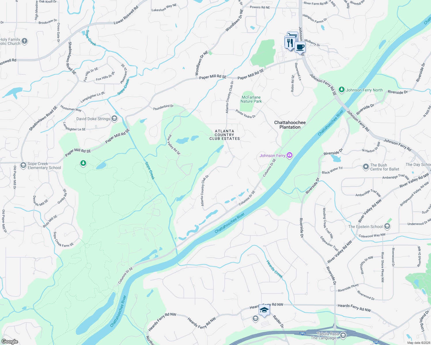 map of restaurants, bars, coffee shops, grocery stores, and more near 600 Club Drive in Marietta