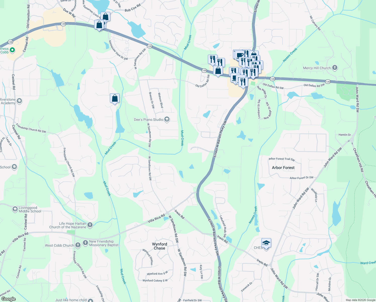 map of restaurants, bars, coffee shops, grocery stores, and more near 2760 Bolton Abbey Dr SW in Marietta