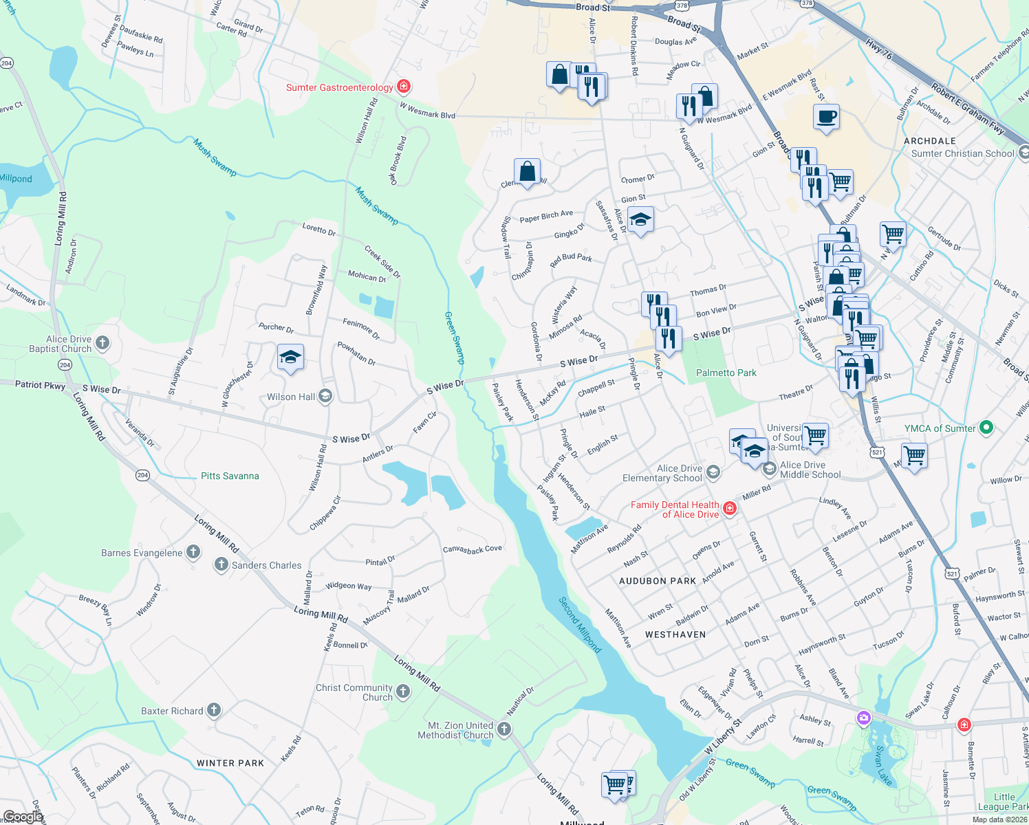 map of restaurants, bars, coffee shops, grocery stores, and more near 115 Paisley Park in Sumter