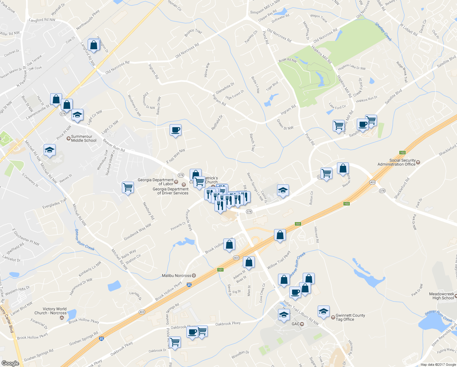 map of restaurants, bars, coffee shops, grocery stores, and more near 5052 Rockborough Trail Northwest in Norcross
