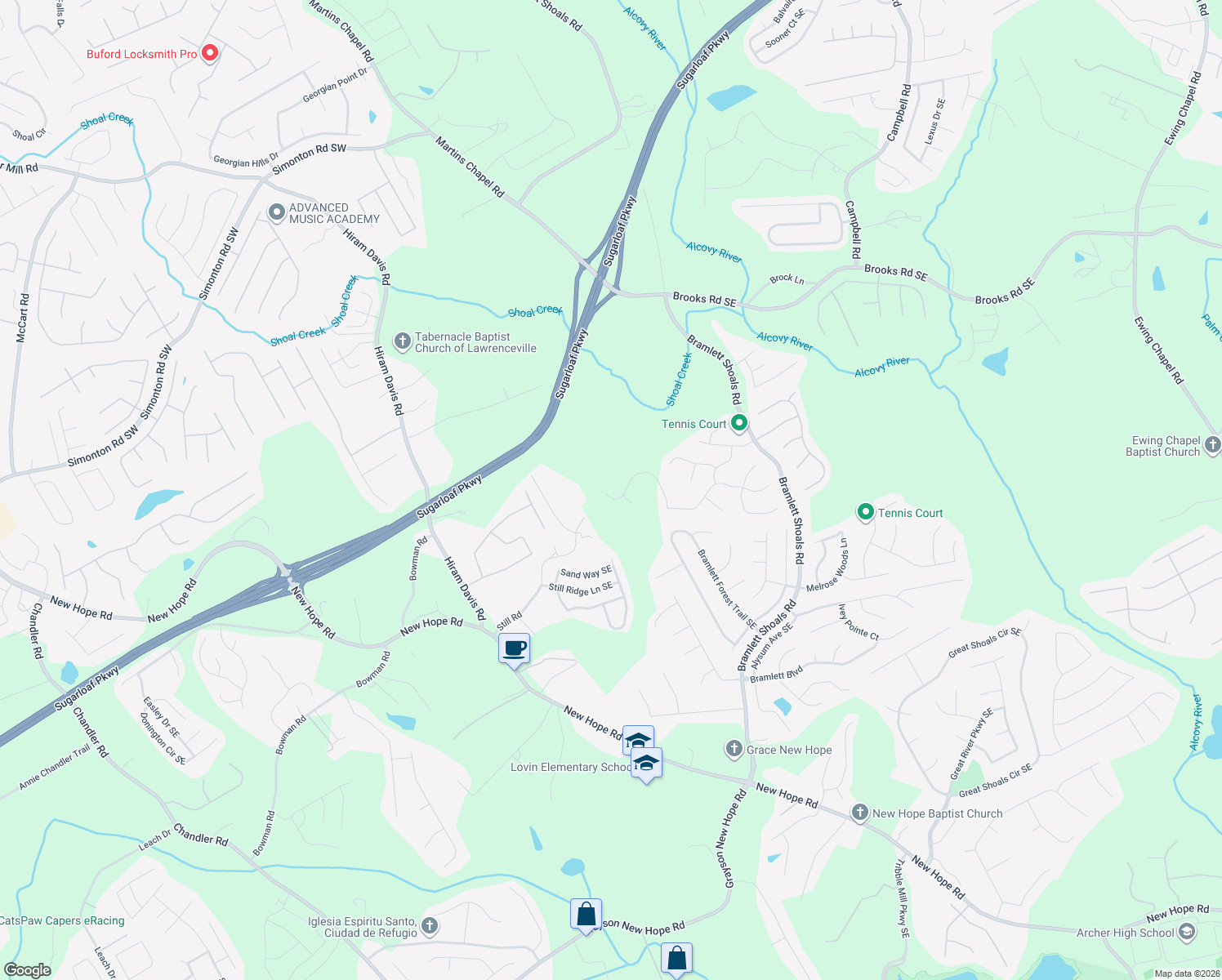 map of restaurants, bars, coffee shops, grocery stores, and more near 860 Chimney Trace Way Southeast in Lawrenceville