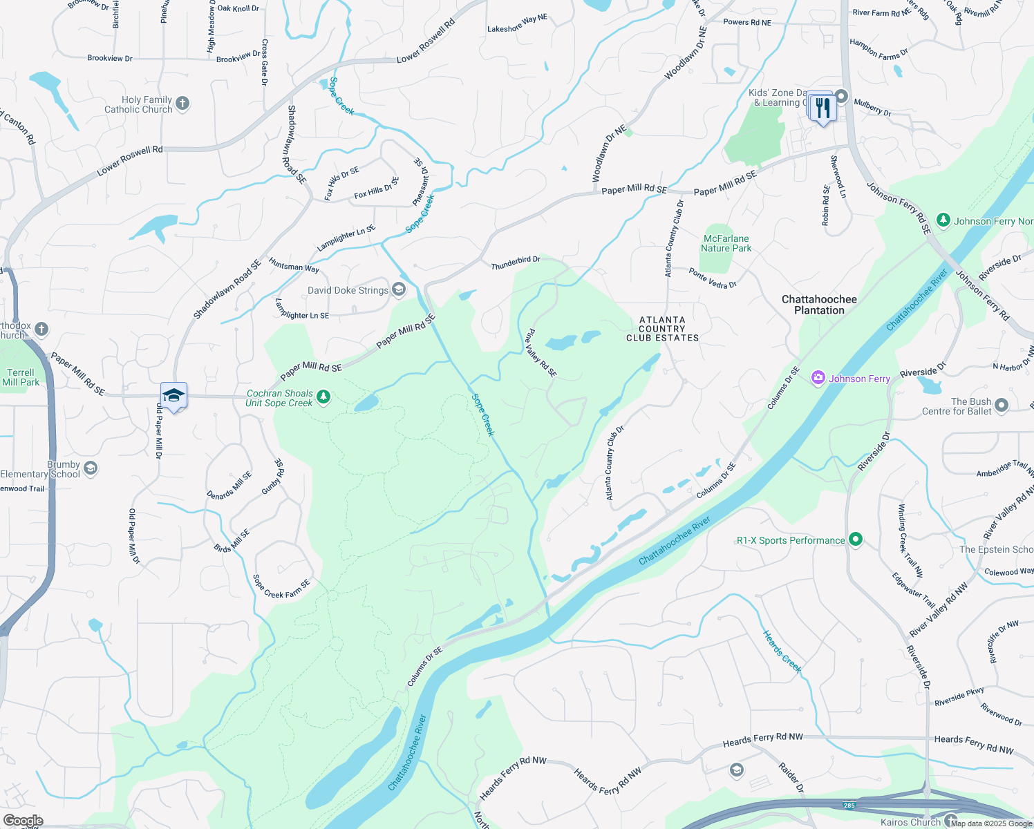 map of restaurants, bars, coffee shops, grocery stores, and more near 501 Brook Hollow Circle in Marietta
