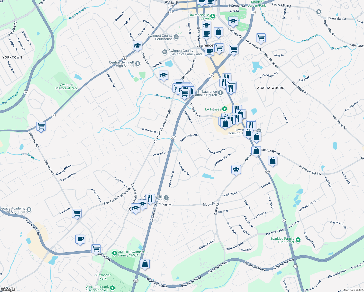 map of restaurants, bars, coffee shops, grocery stores, and more near 345 Forest Valley Road in Lawrenceville