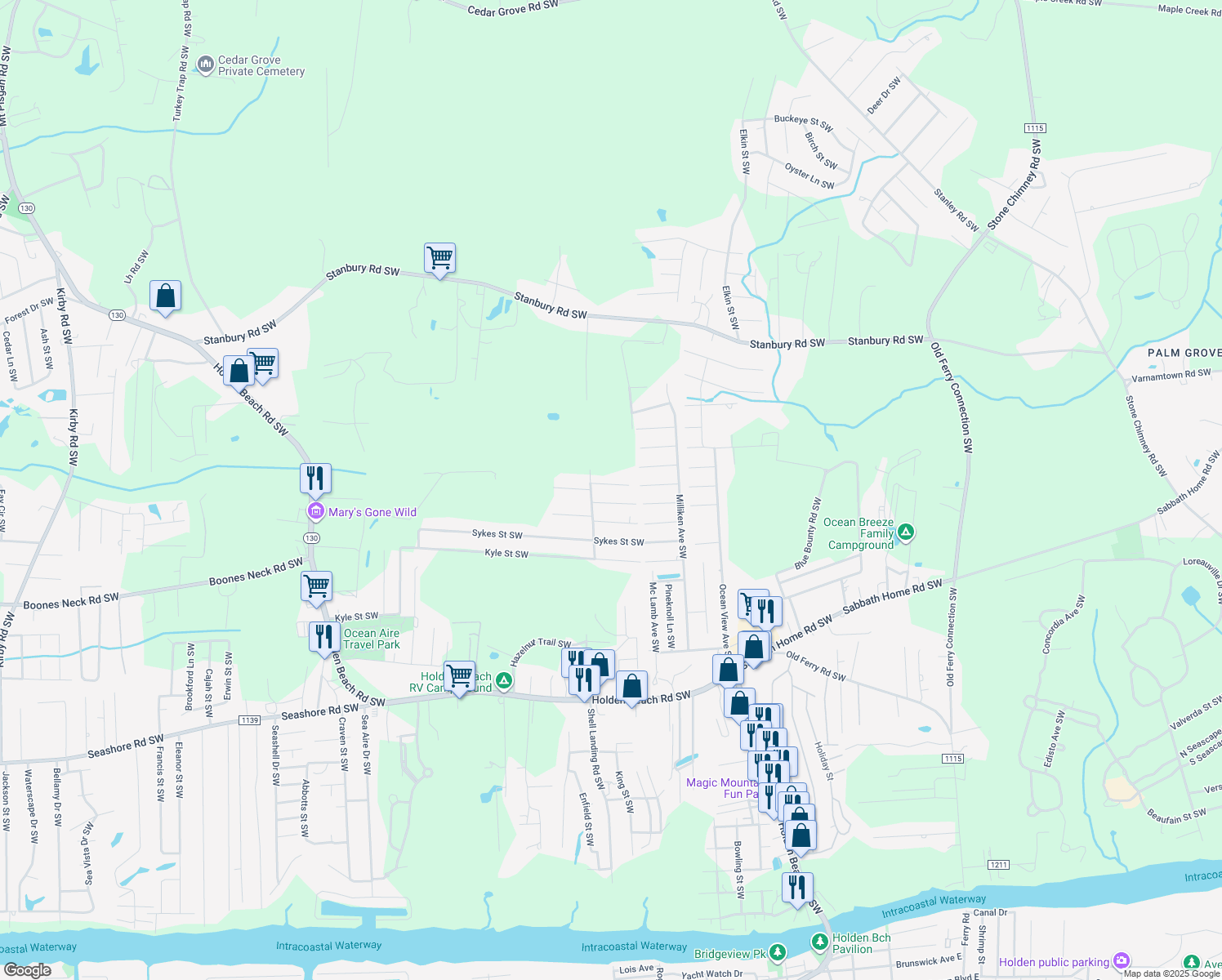 map of restaurants, bars, coffee shops, grocery stores, and more near 1329 Quail Dr SW in Brunswick