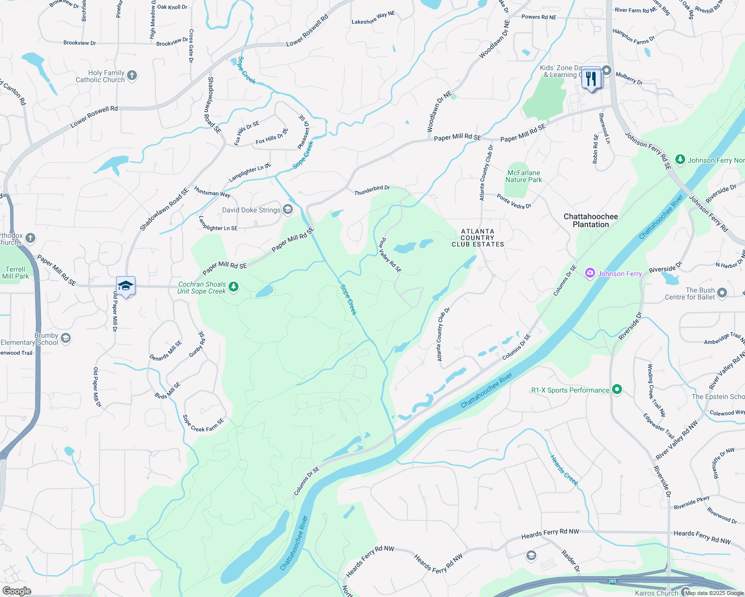 map of restaurants, bars, coffee shops, grocery stores, and more near 501 Brook Hollow Circle in Marietta