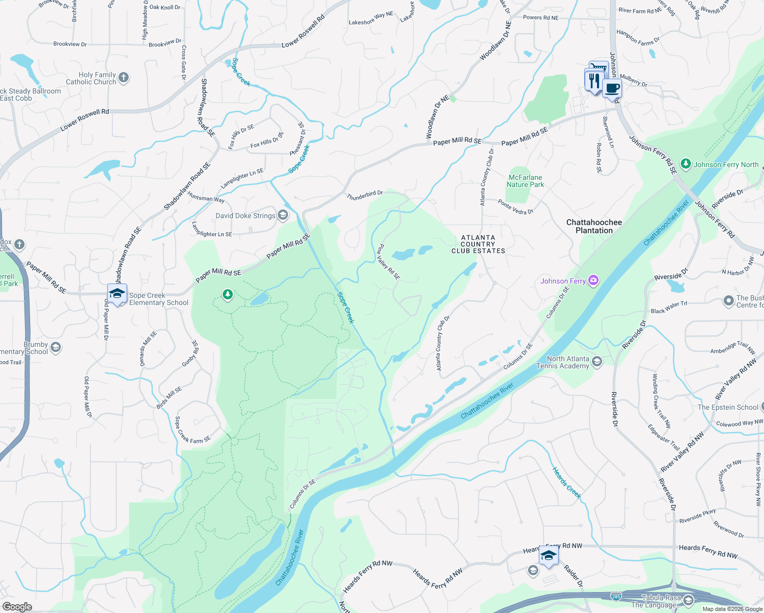 map of restaurants, bars, coffee shops, grocery stores, and more near 420 Pine Valley Road Southeast in Marietta