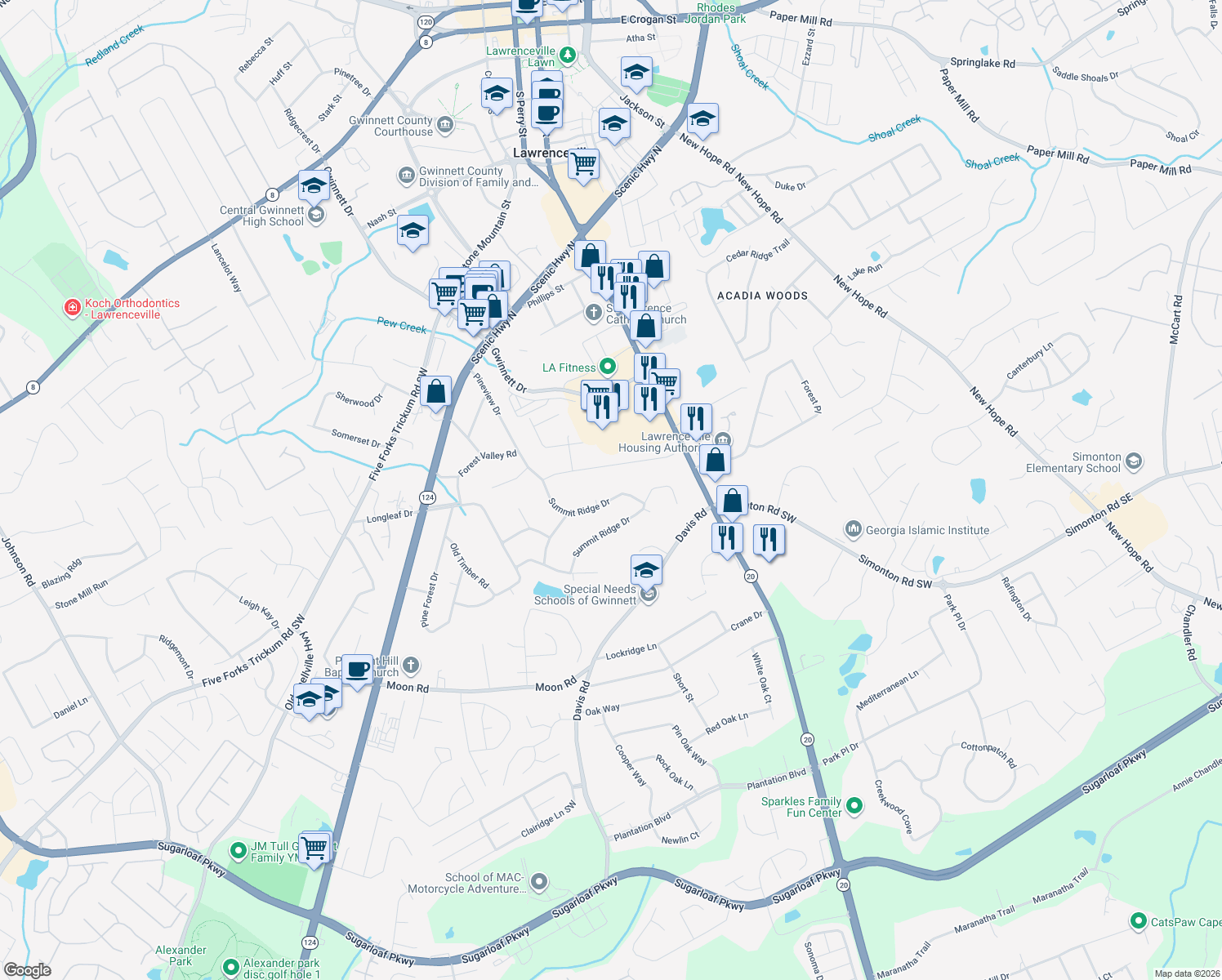 map of restaurants, bars, coffee shops, grocery stores, and more near 342 Summit Ridge Dr in Lawrenceville