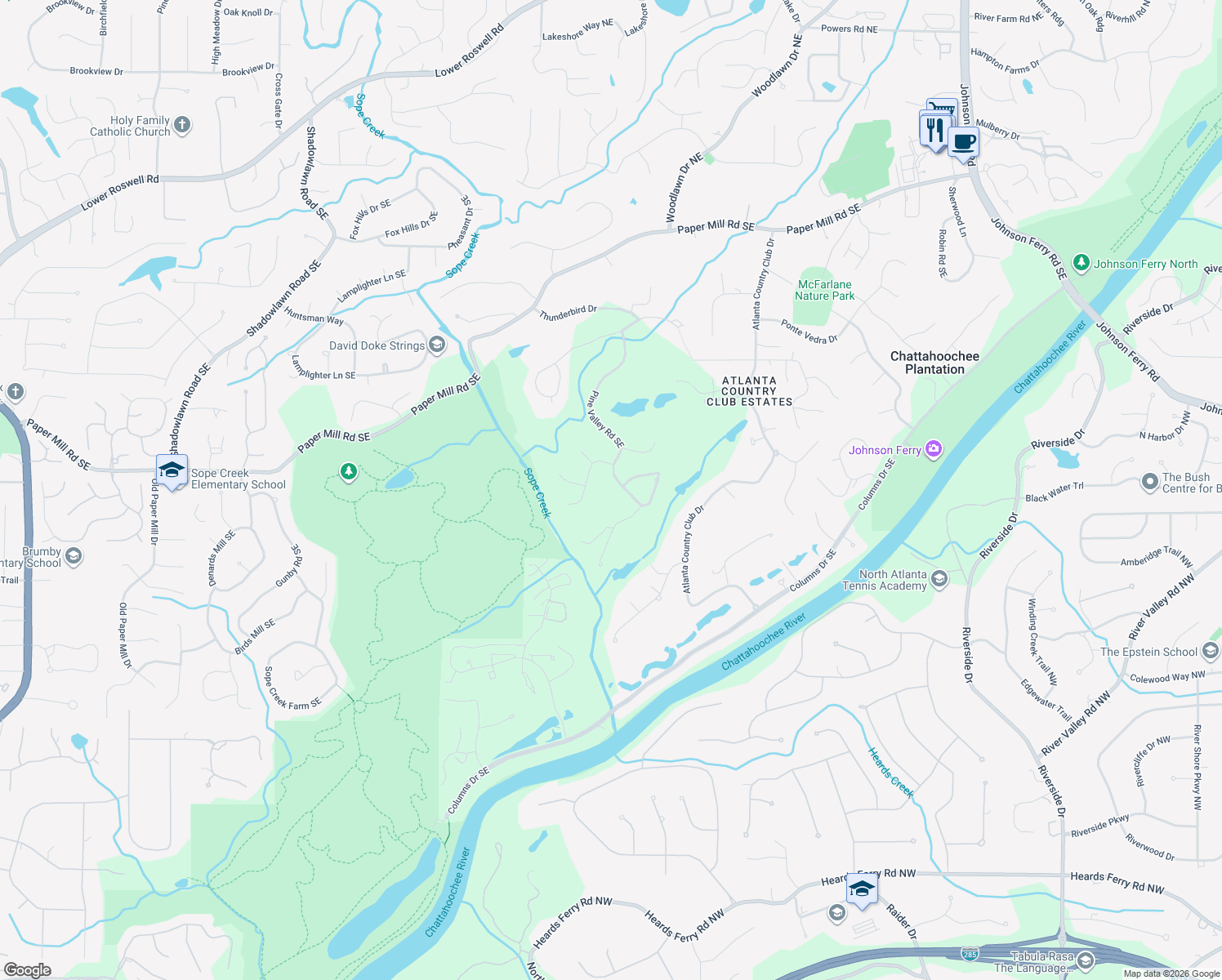 map of restaurants, bars, coffee shops, grocery stores, and more near 420 Pine Valley Road Southeast in Marietta