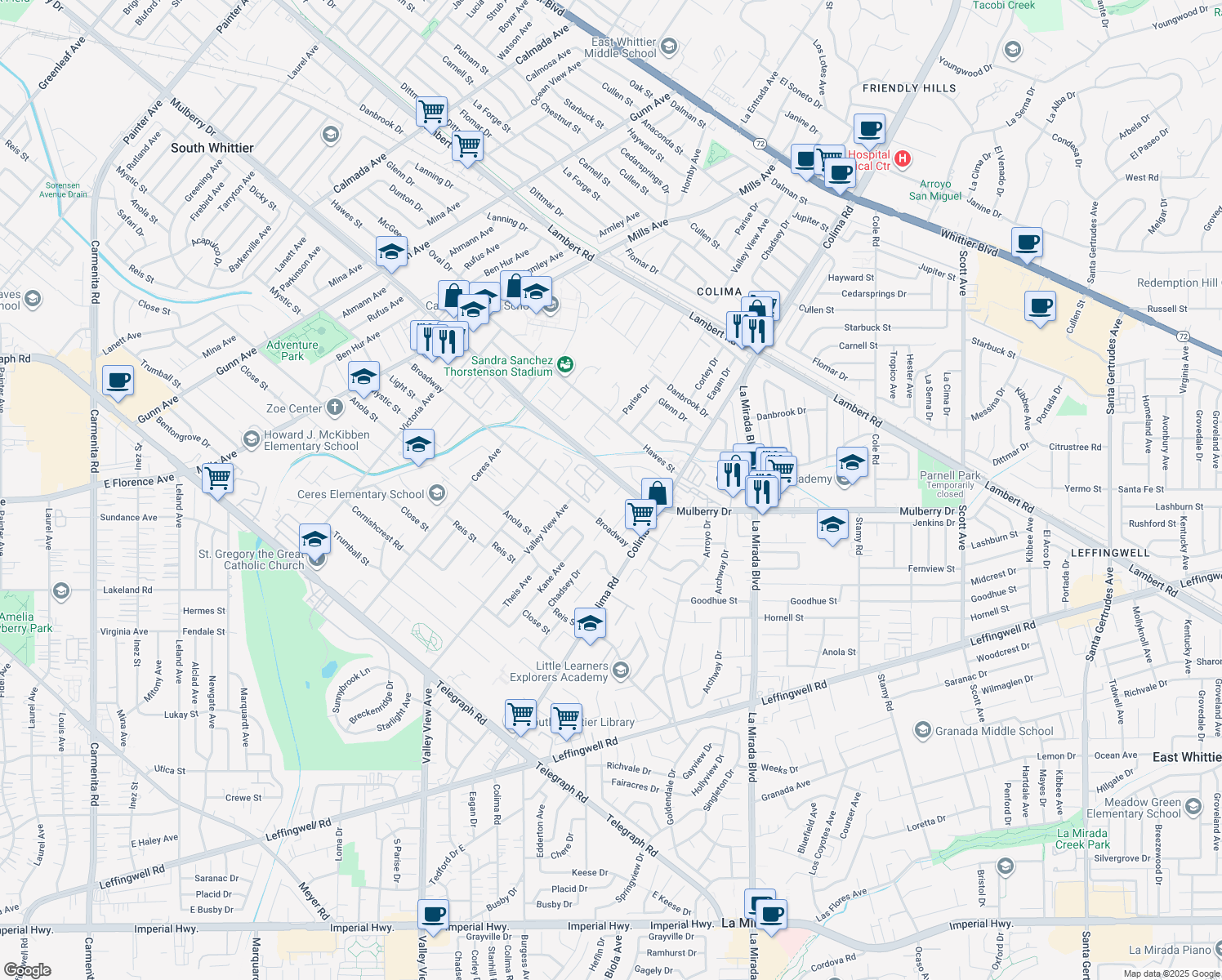 map of restaurants, bars, coffee shops, grocery stores, and more near 10715 Kane Avenue in Whittier