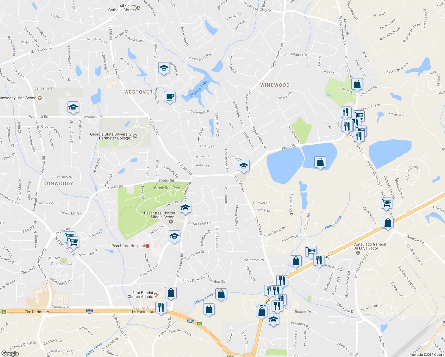 map of restaurants, bars, coffee shops, grocery stores, and more near 4842 Tilly Mill Road in Doraville