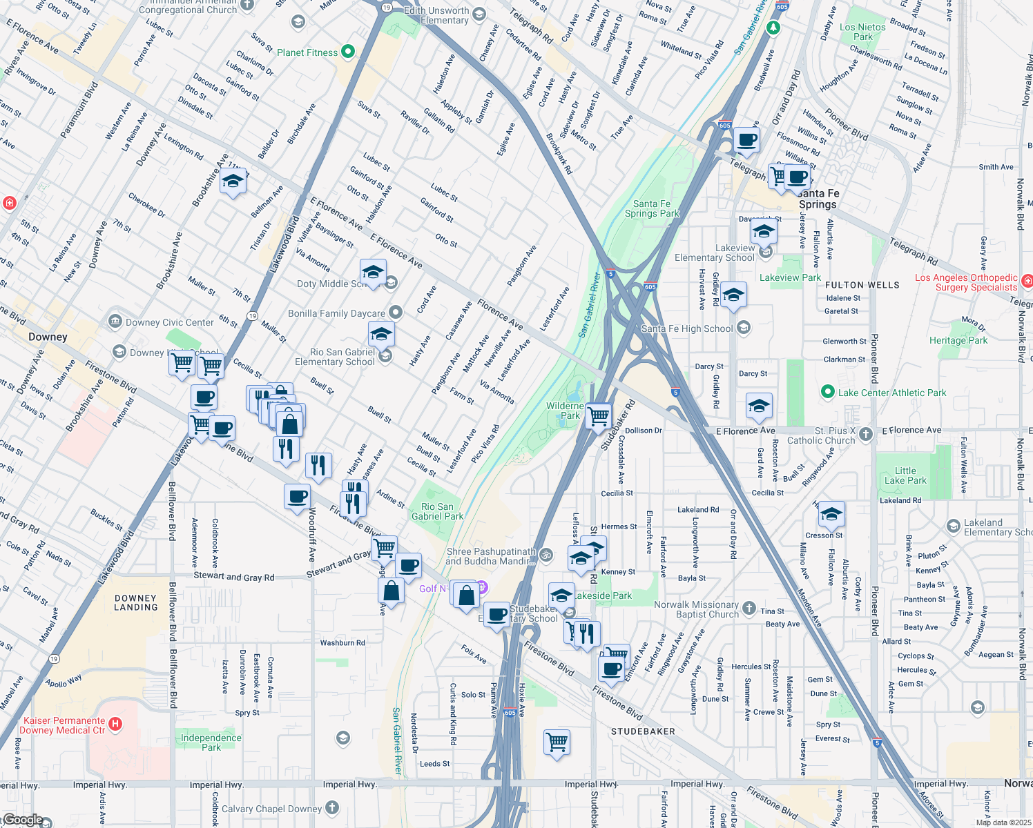 map of restaurants, bars, coffee shops, grocery stores, and more near 10406 Gaybrook Avenue in Downey