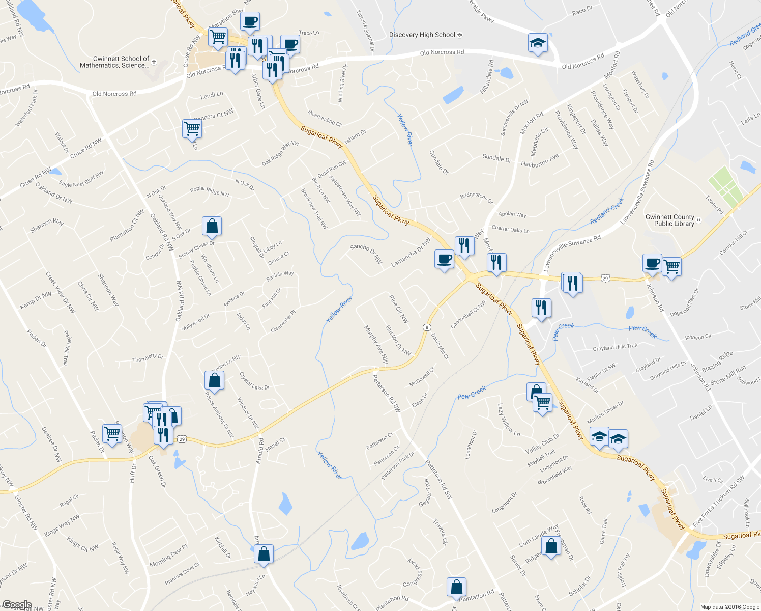 map of restaurants, bars, coffee shops, grocery stores, and more near 253 Huston Drive Northwest in Lawrenceville