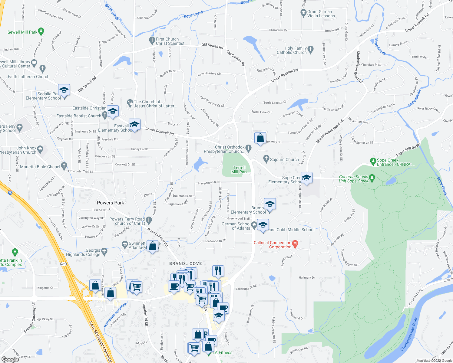 map of restaurants, bars, coffee shops, grocery stores, and more near 3019 Haverford Lane Southeast in Marietta