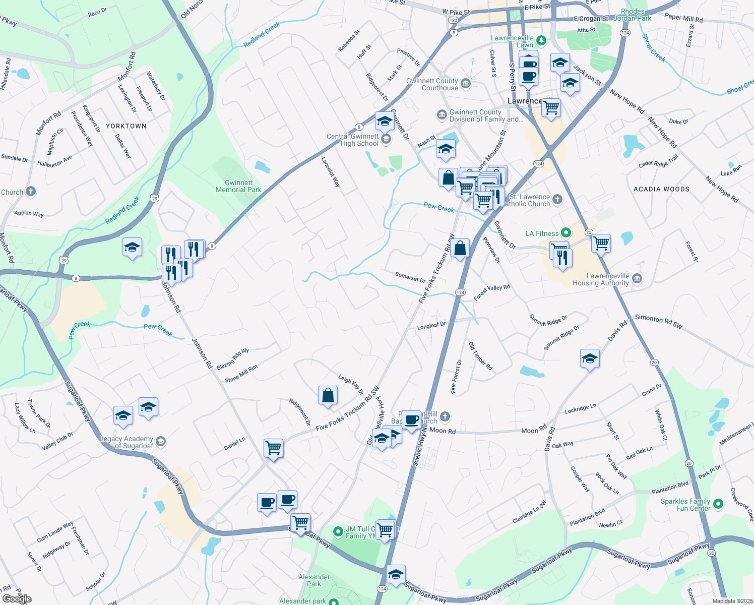 map of restaurants, bars, coffee shops, grocery stores, and more near 361 Sarah Ln in Lawrenceville