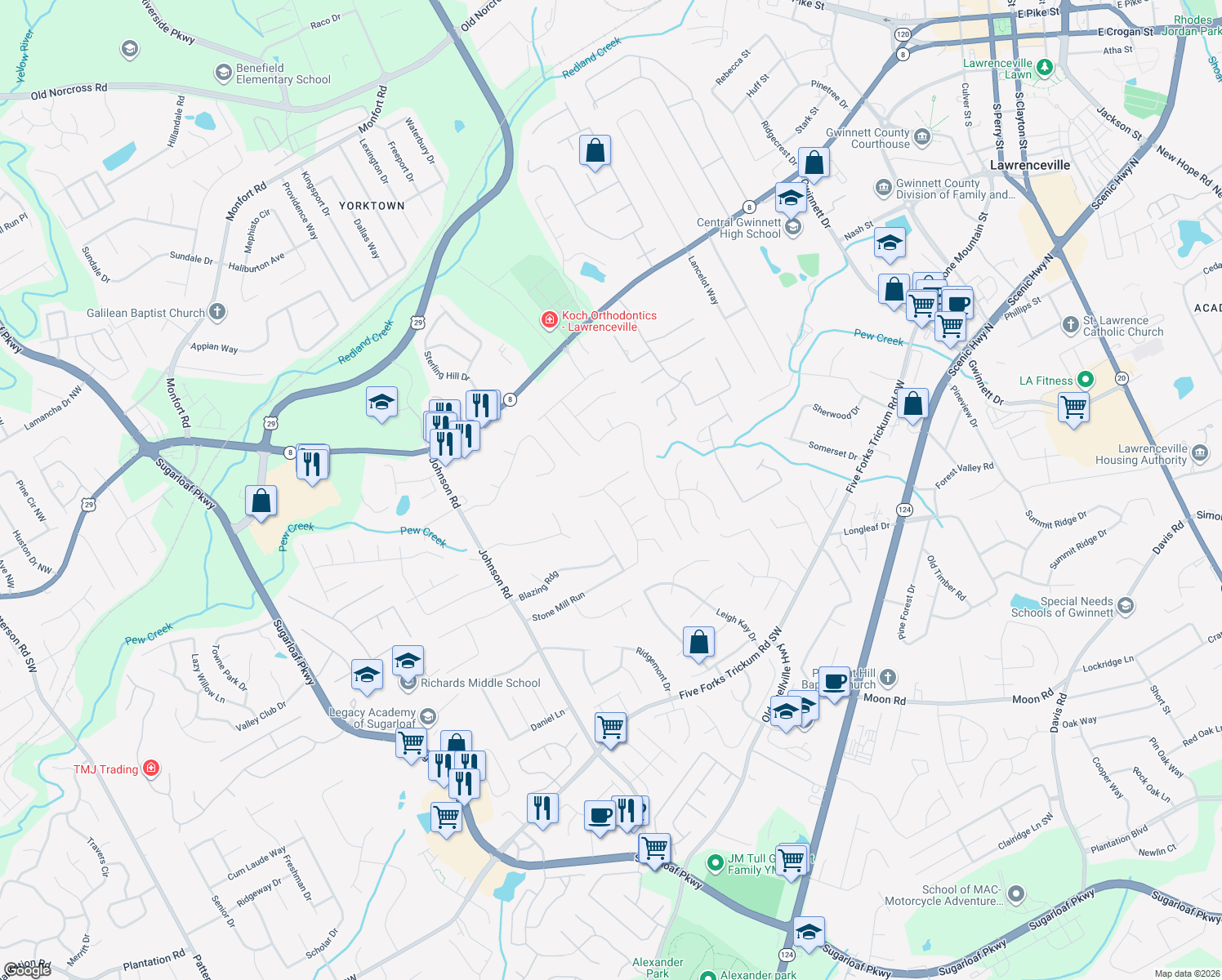 map of restaurants, bars, coffee shops, grocery stores, and more near 1012 Stone Mill Way in Lawrenceville