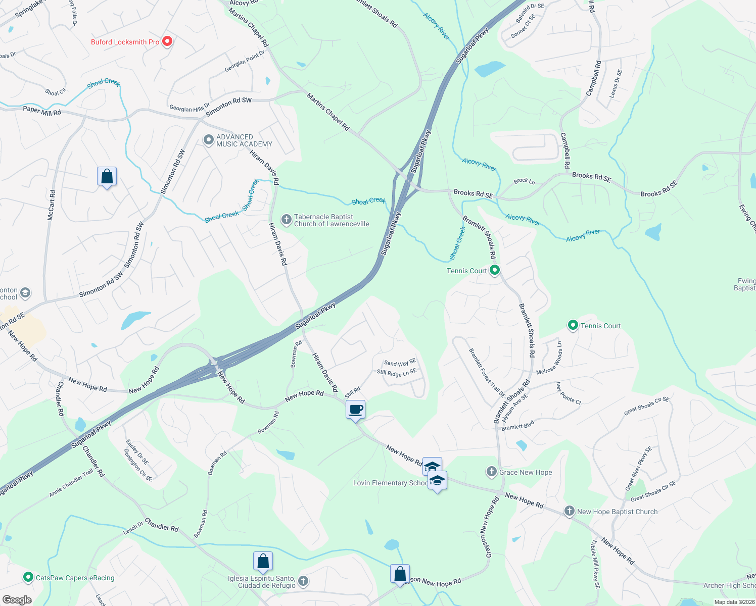 map of restaurants, bars, coffee shops, grocery stores, and more near 1035 Still Rd in Lawrenceville