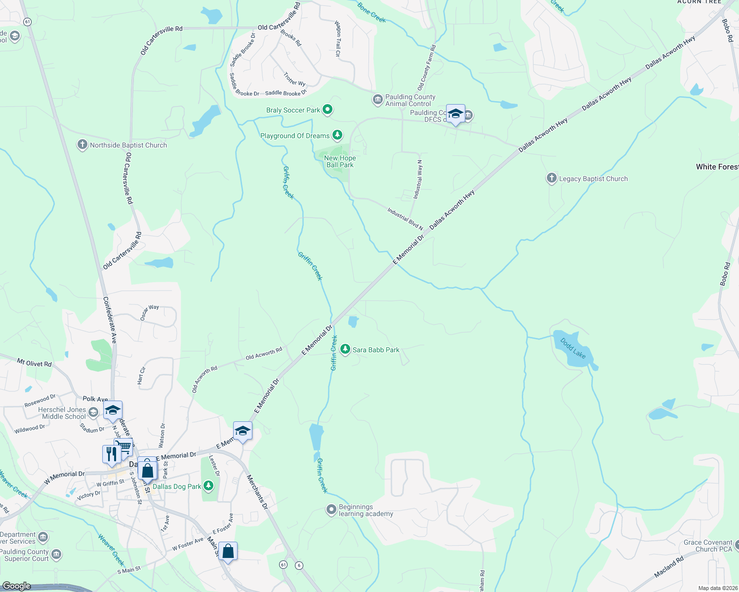 map of restaurants, bars, coffee shops, grocery stores, and more near 57 Dewberry Creek Drive in Dallas