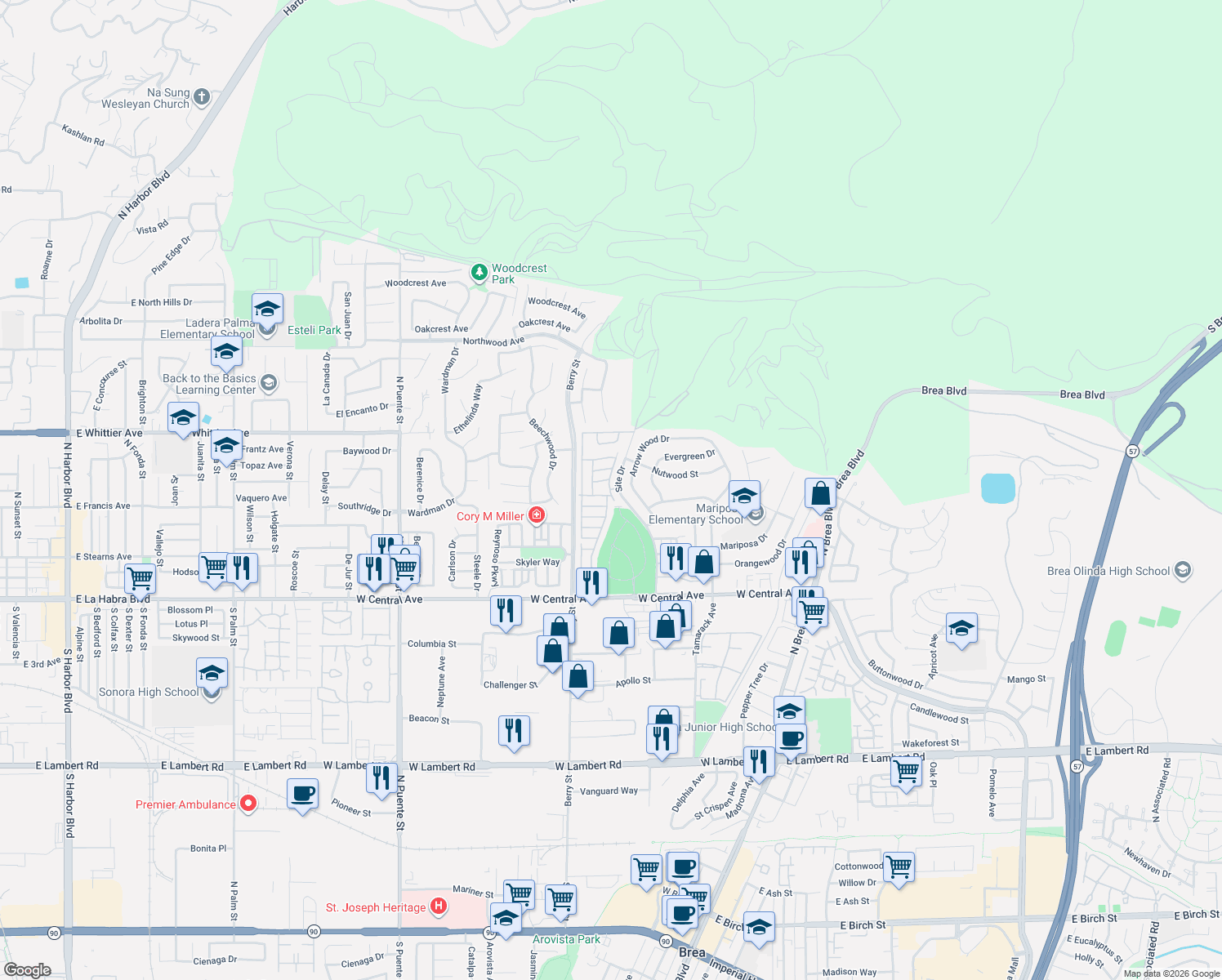 map of restaurants, bars, coffee shops, grocery stores, and more near Fernwood Avenue in Brea