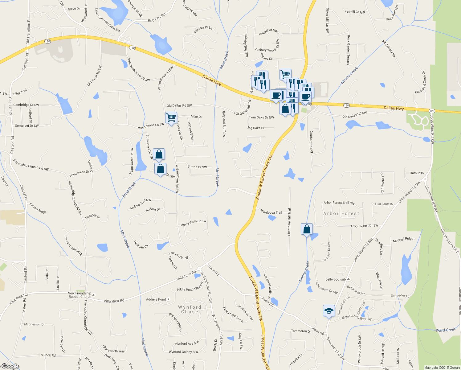 map of restaurants, bars, coffee shops, grocery stores, and more near 2730 Bolton Abbey Drive Southwest in Marietta