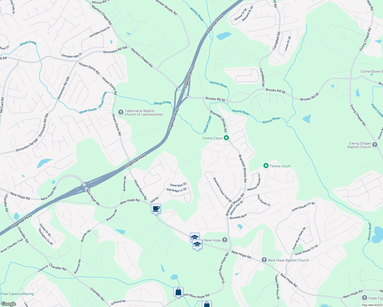 map of restaurants, bars, coffee shops, grocery stores, and more near 860 Chimney Trace Way Southeast in Lawrenceville