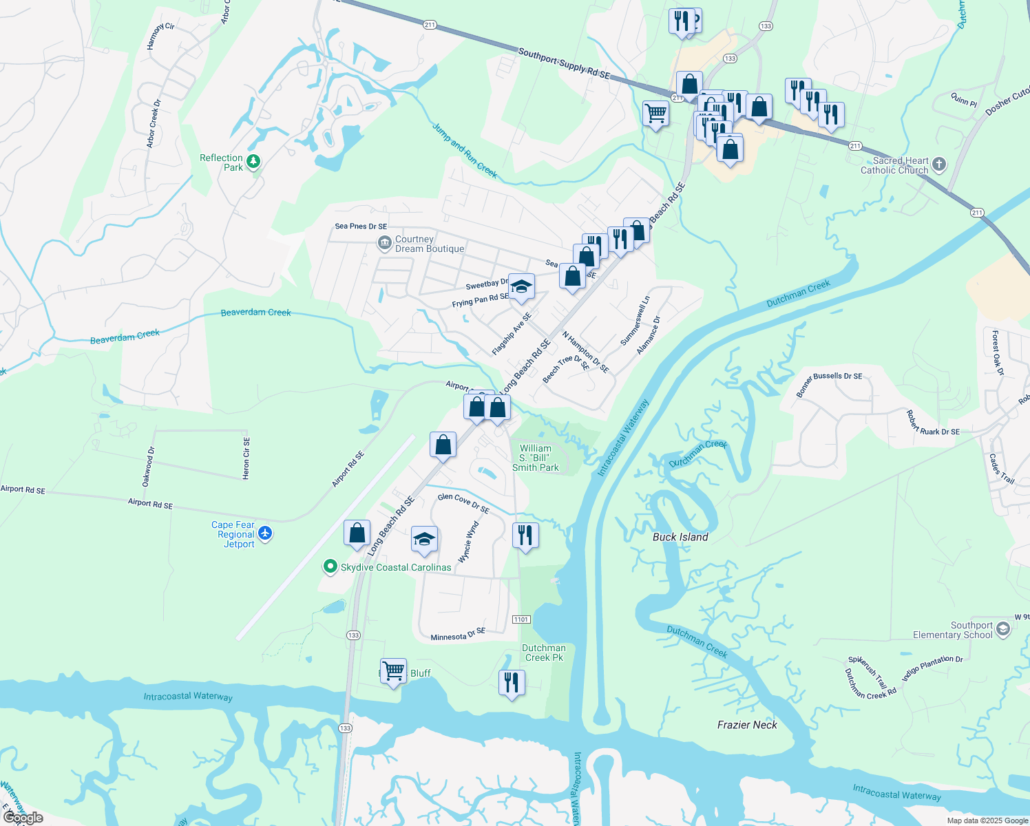 map of restaurants, bars, coffee shops, grocery stores, and more near 4370 Fish Factory Road Southeast in Southport