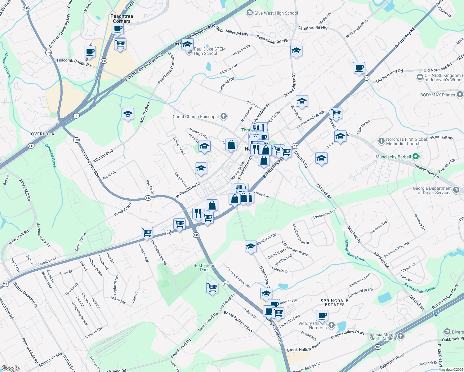 map of restaurants, bars, coffee shops, grocery stores, and more near 450 S Peachtree St in Norcross