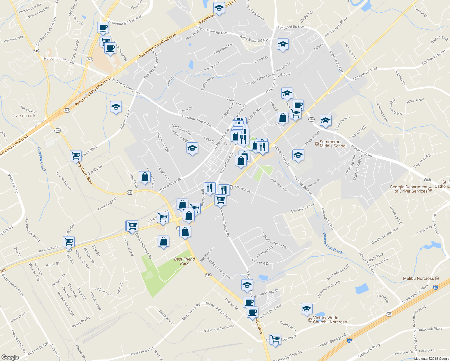 map of restaurants, bars, coffee shops, grocery stores, and more near 131 Lively Avenue in Norcross