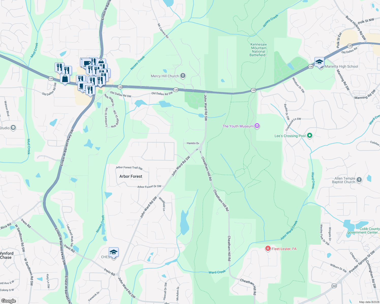 map of restaurants, bars, coffee shops, grocery stores, and more near 700 John Ward Rd SW in Marietta