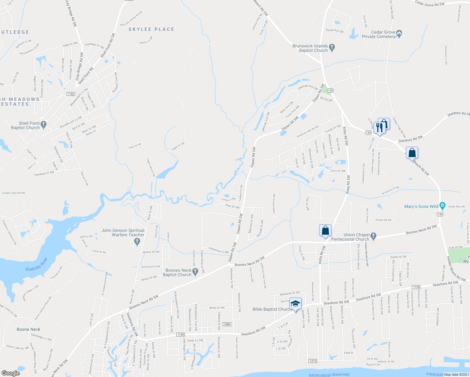 map of restaurants, bars, coffee shops, grocery stores, and more near Bayboro Lane Southwest in Brunswick County