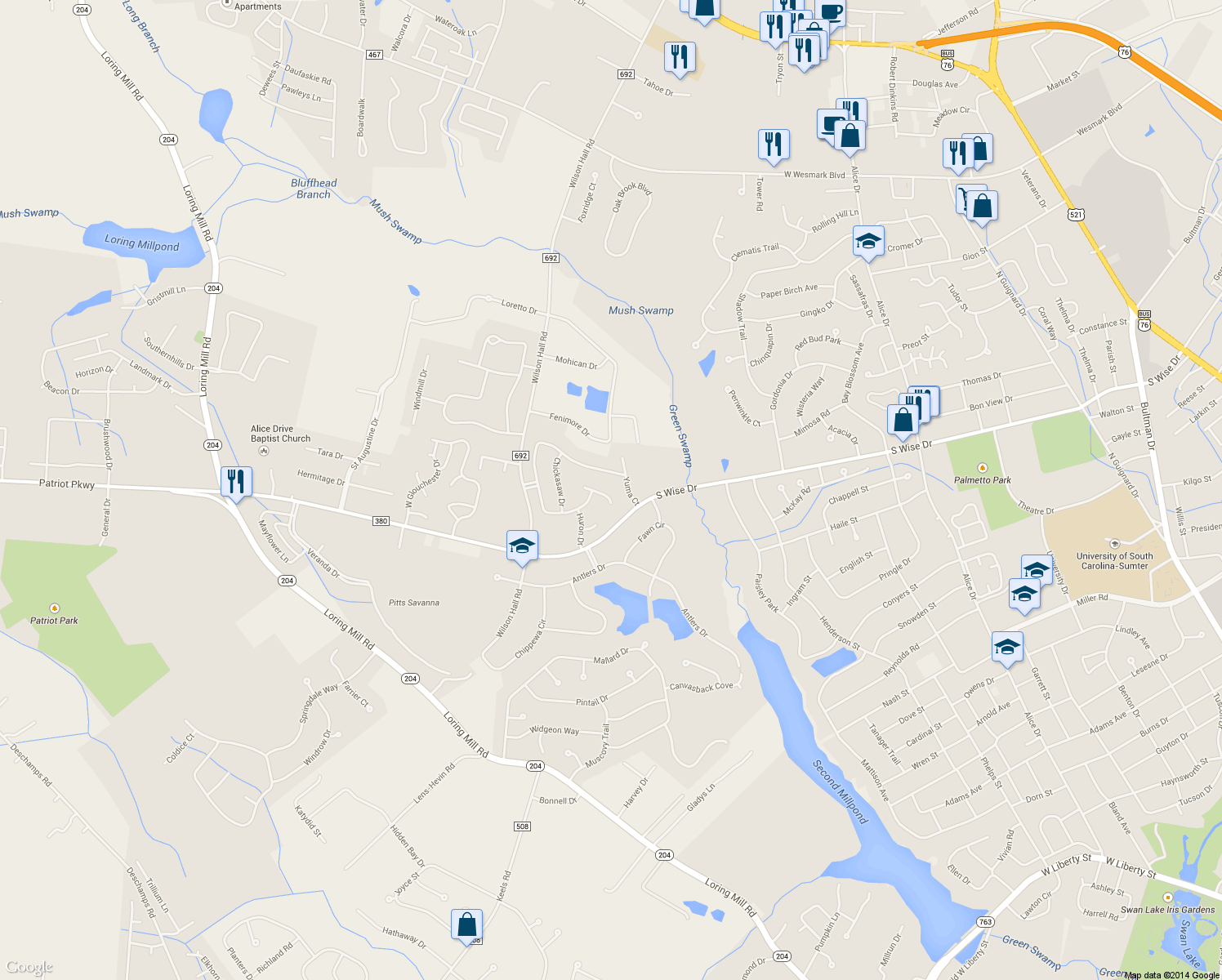 map of restaurants, bars, coffee shops, grocery stores, and more near 71 Powhatan Court in Sumter