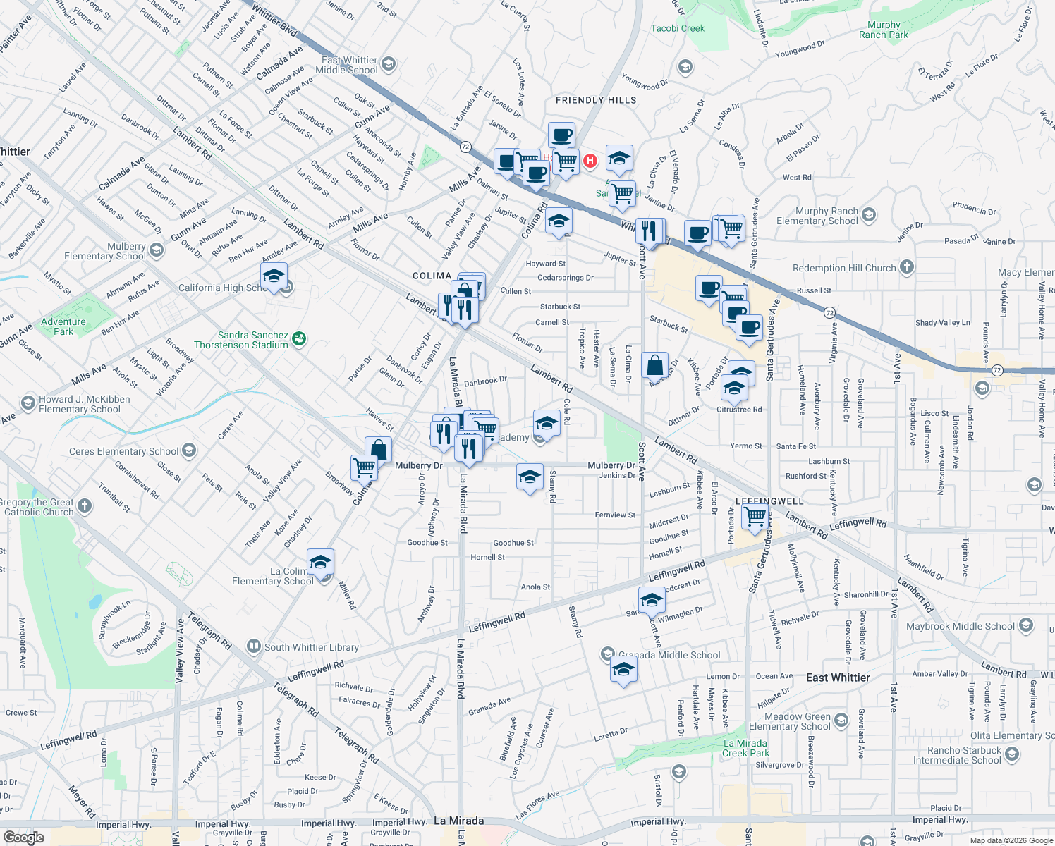 map of restaurants, bars, coffee shops, grocery stores, and more near 15100 Dunton Drive in Whittier