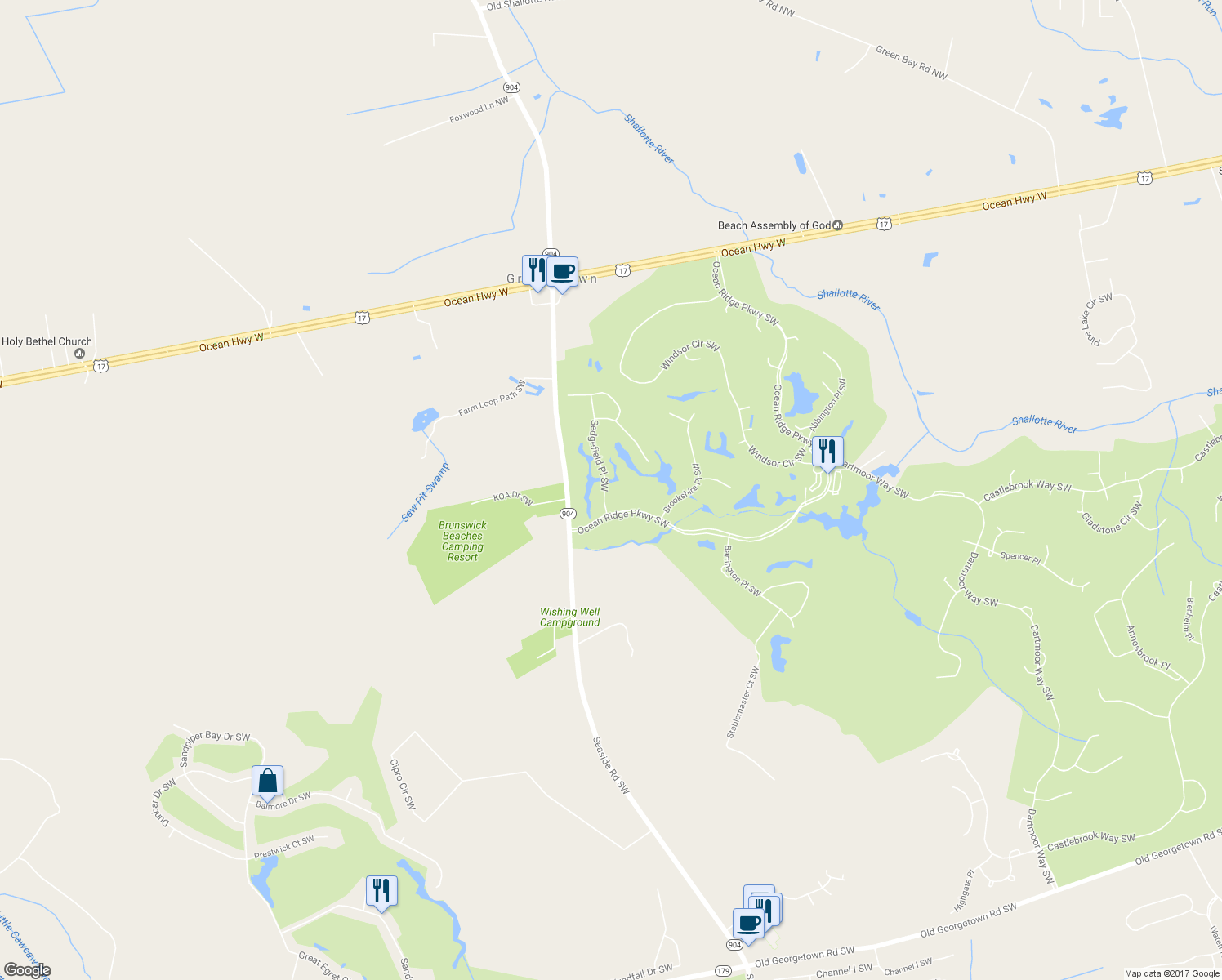 map of restaurants, bars, coffee shops, grocery stores, and more near 282 Sedgefield Place Southwest in Ocean Isle Beach