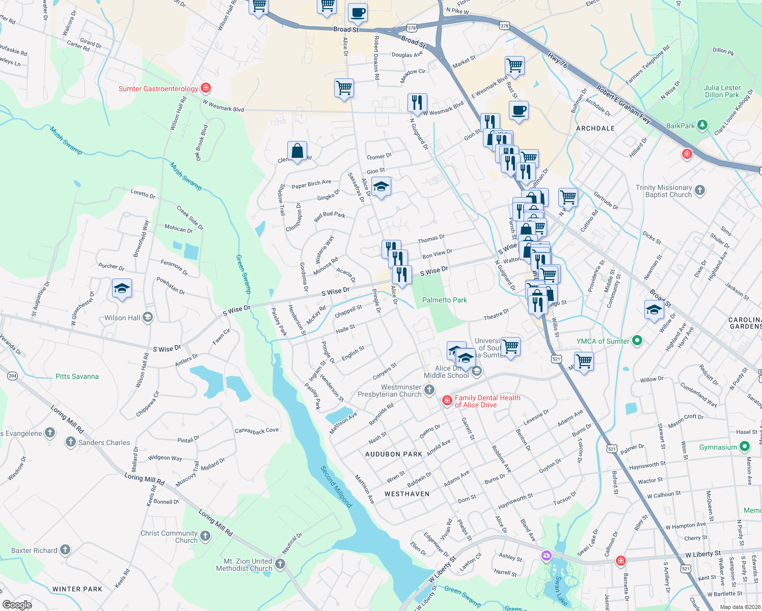 map of restaurants, bars, coffee shops, grocery stores, and more near 711 Pringle Dr in Sumter