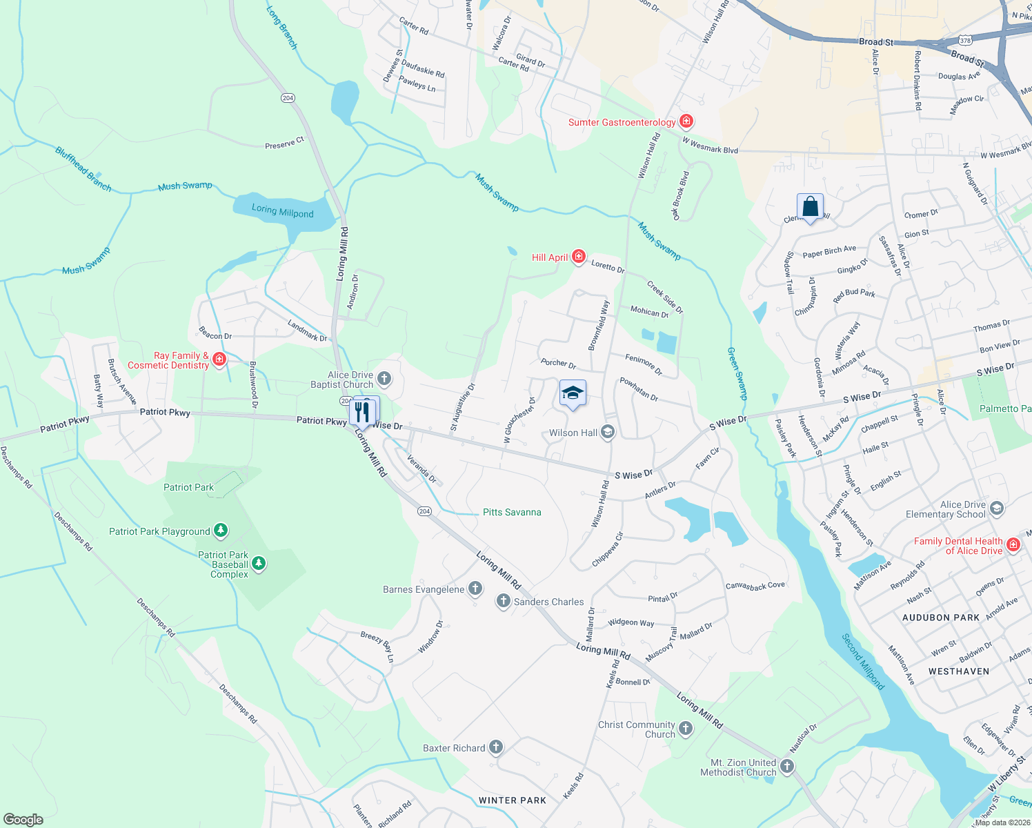 map of restaurants, bars, coffee shops, grocery stores, and more near 905 West Glouchester Drive in Sumter
