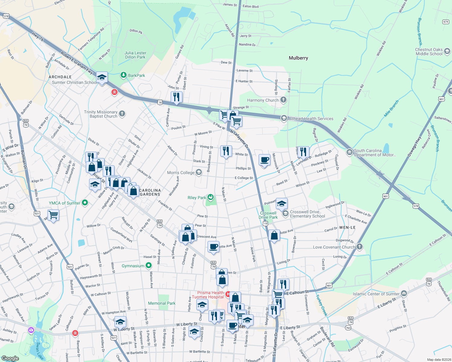 map of restaurants, bars, coffee shops, grocery stores, and more near 761 North Main Street in Sumter