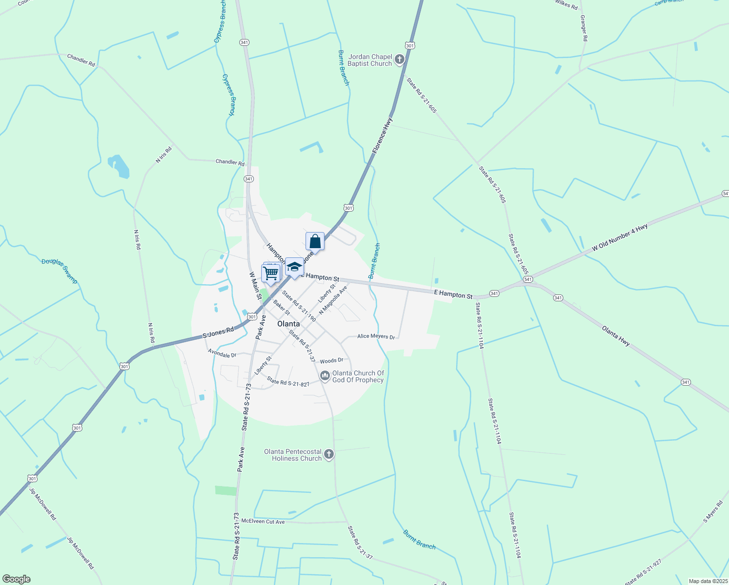 map of restaurants, bars, coffee shops, grocery stores, and more near 430 East Hampton Street in Olanta