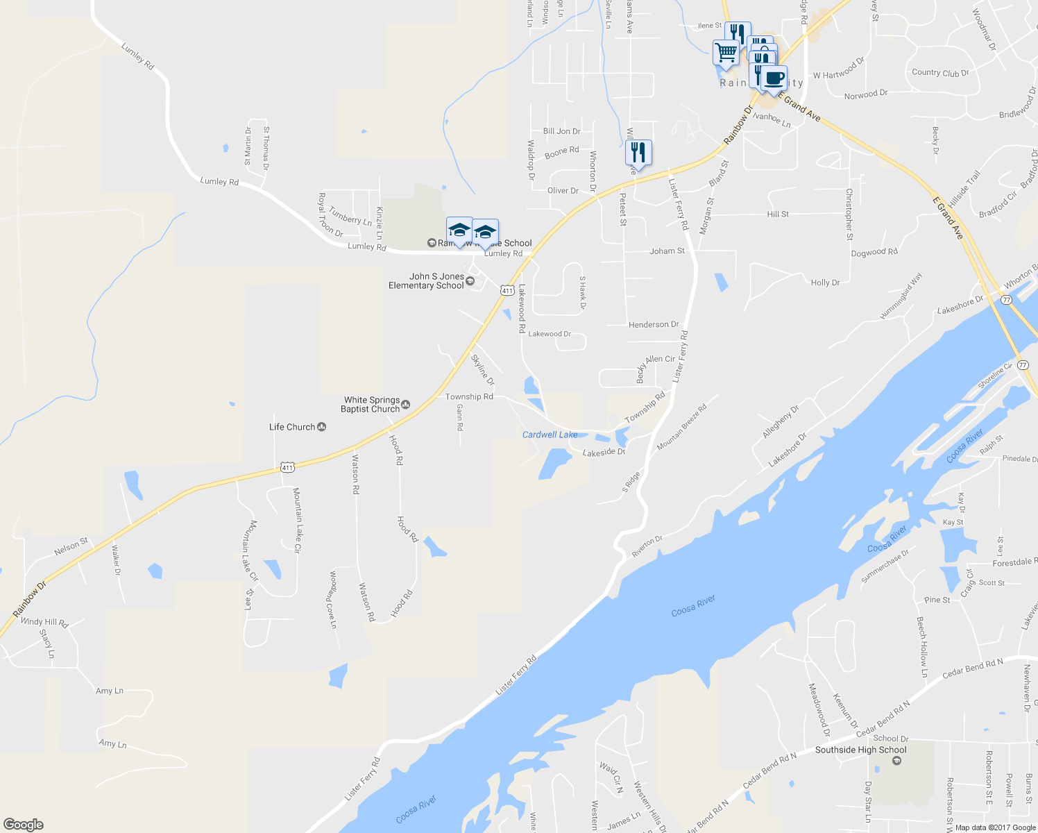 map of restaurants, bars, coffee shops, grocery stores, and more near 101 South Ridge Road in Rainbow City