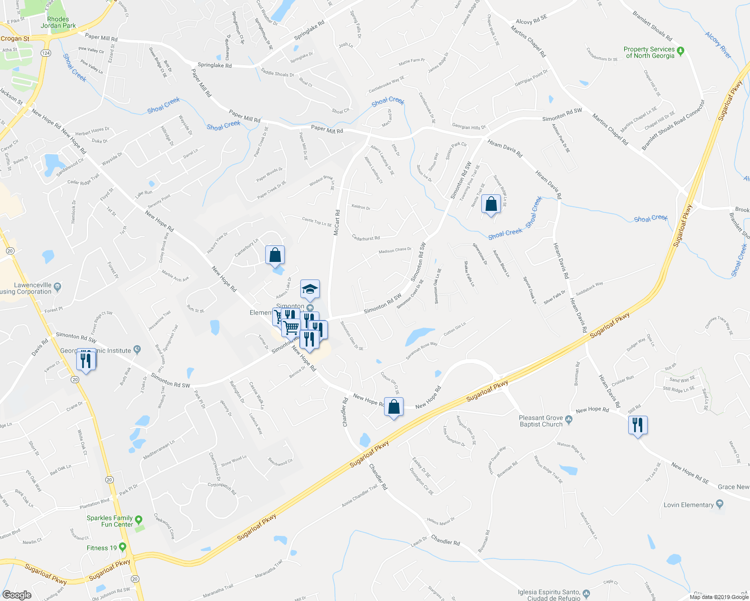 map of restaurants, bars, coffee shops, grocery stores, and more near 375 Grovehurst Cove Southeast in Lawrenceville