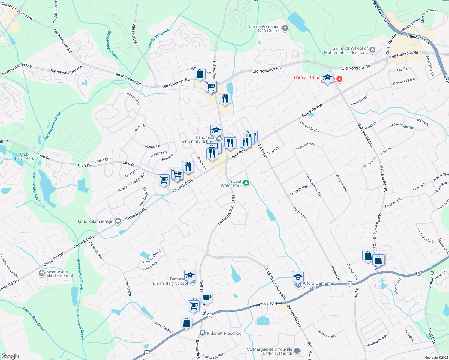map of restaurants, bars, coffee shops, grocery stores, and more near 2740 Amalfi Way Northwest in Lawrenceville
