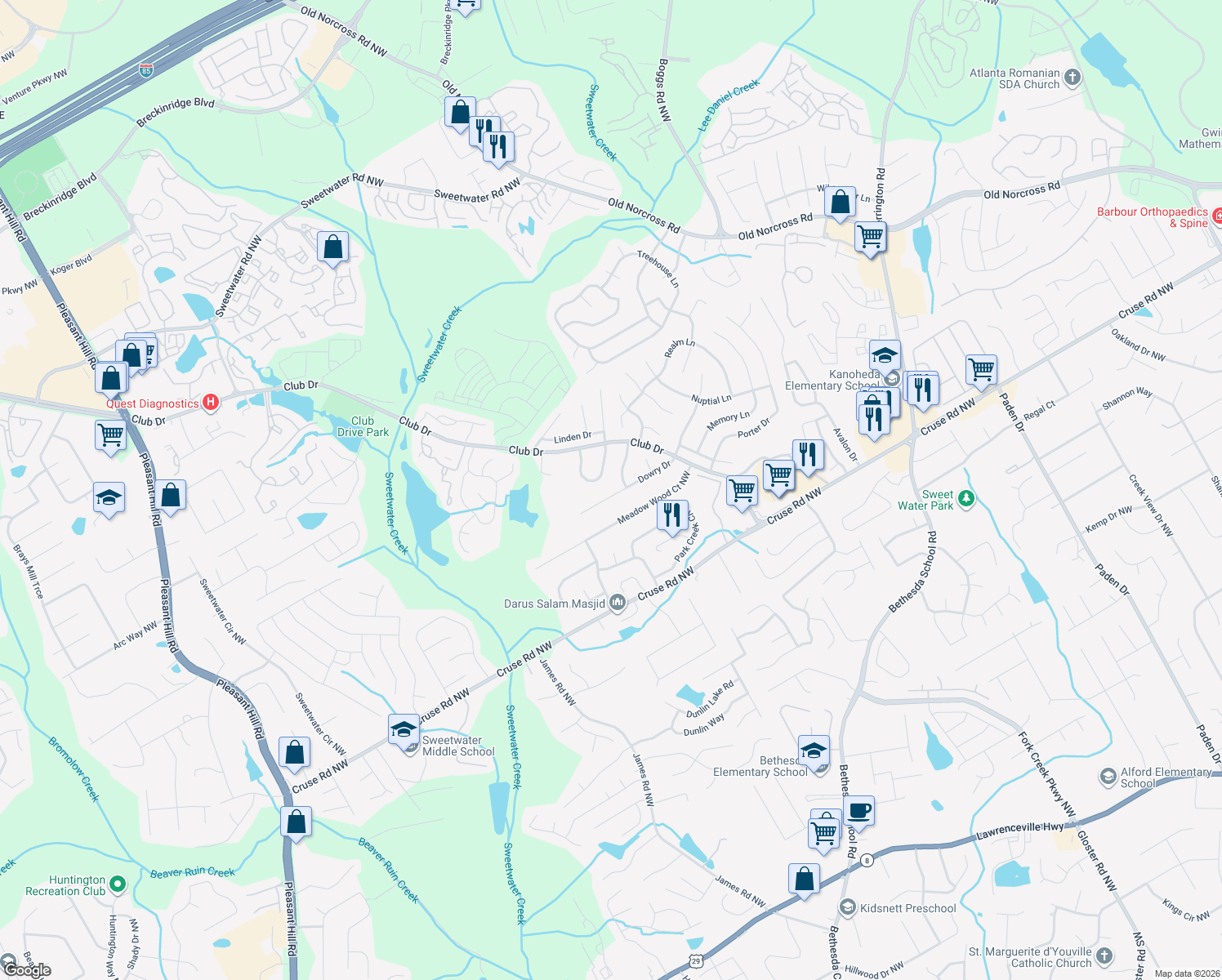 map of restaurants, bars, coffee shops, grocery stores, and more near 3051 Dowry Dr in Lawrenceville