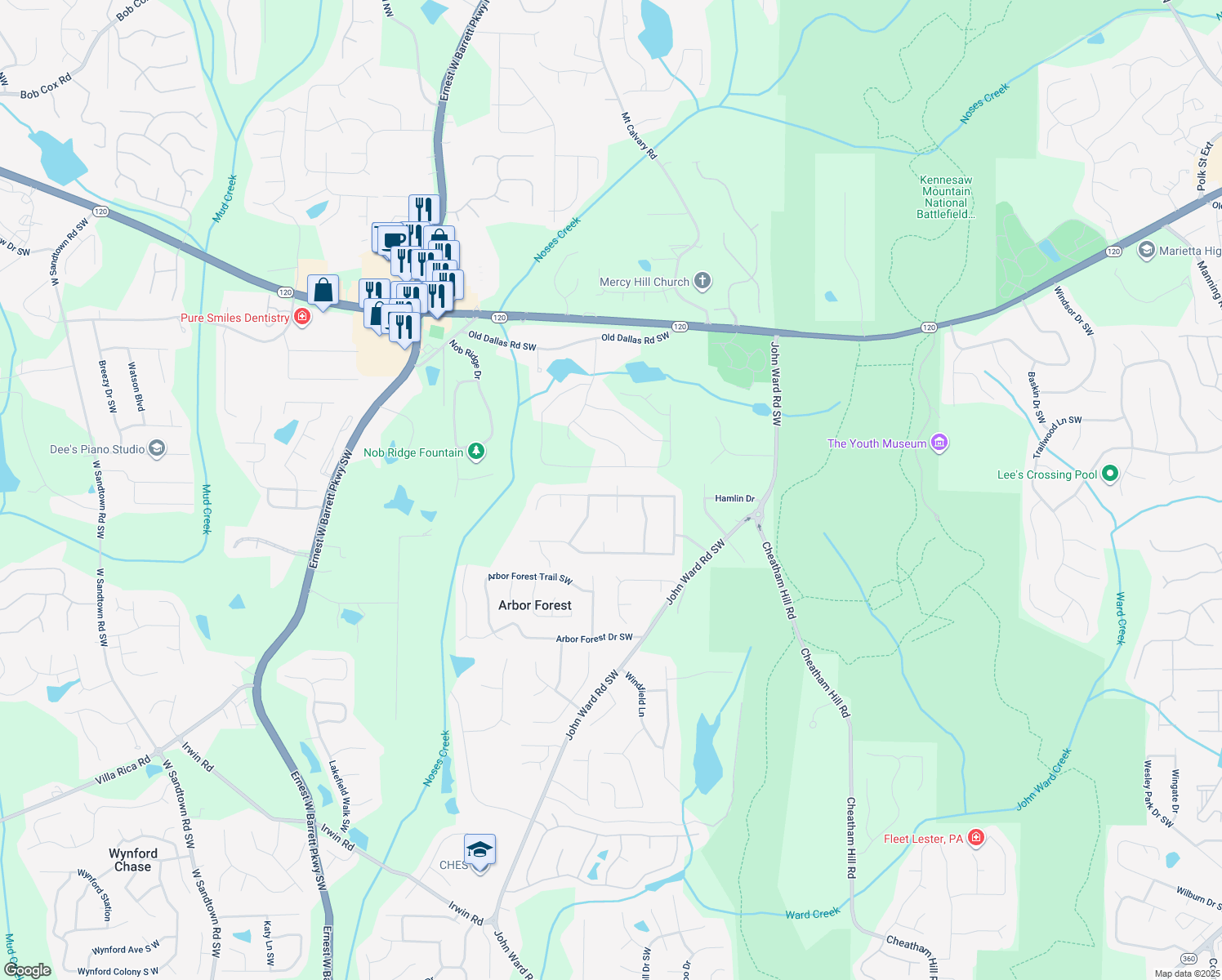 map of restaurants, bars, coffee shops, grocery stores, and more near 2048 Winding Creek Lane Southwest in Marietta