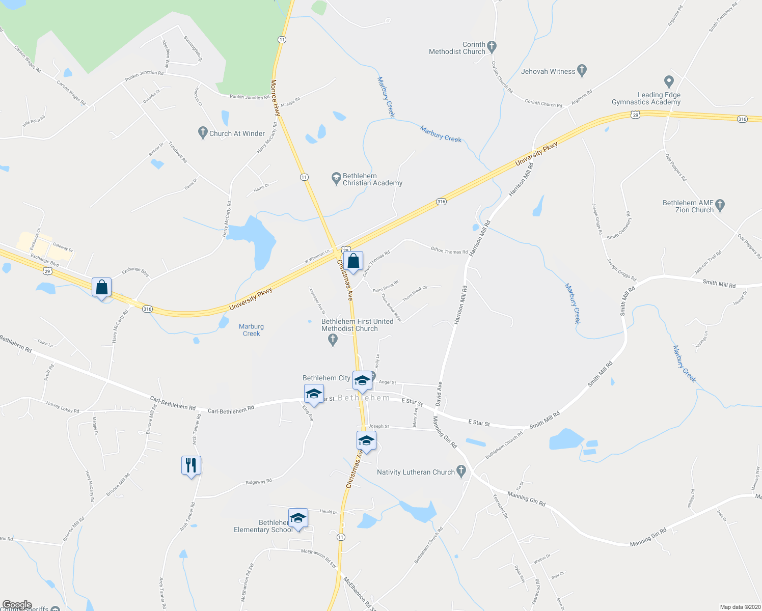 map of restaurants, bars, coffee shops, grocery stores, and more near 657 Thorn Brook Ridge in Bethlehem