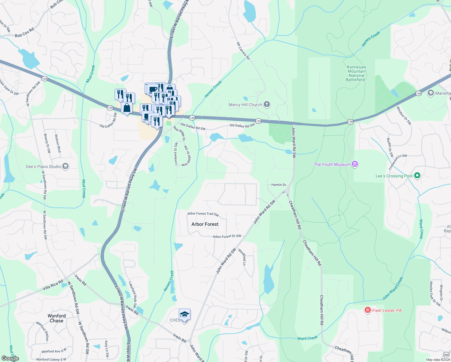 map of restaurants, bars, coffee shops, grocery stores, and more near 2078 Winding Creek Lane in Marietta